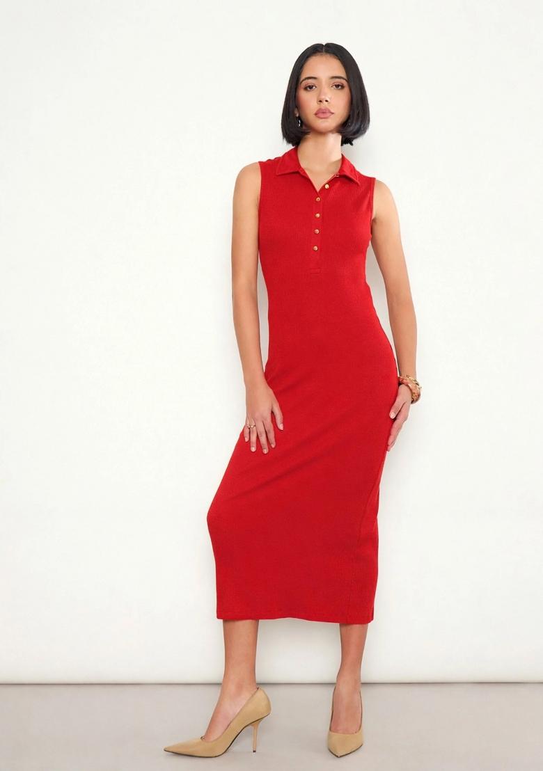 Red Solid Cotton Dress - Indya