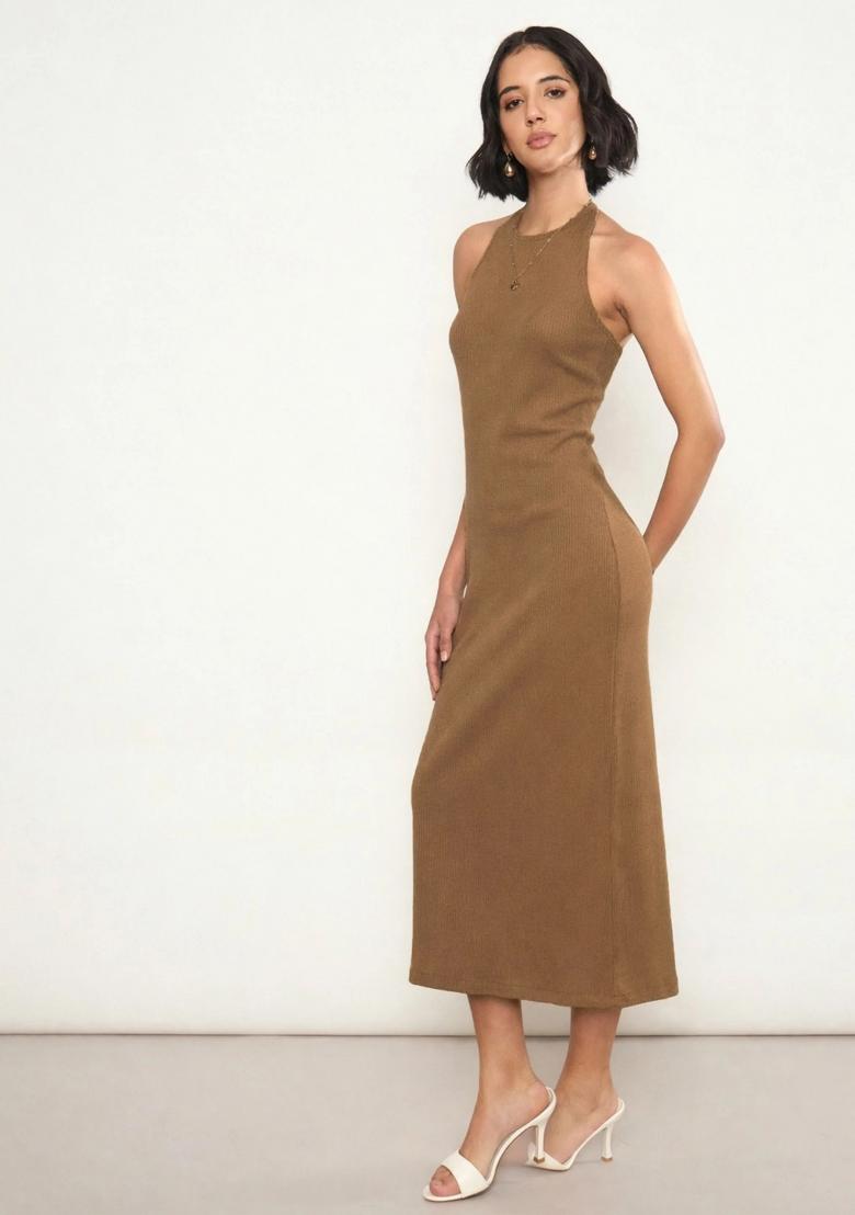 Tan Solid Cotton Dress - Indya