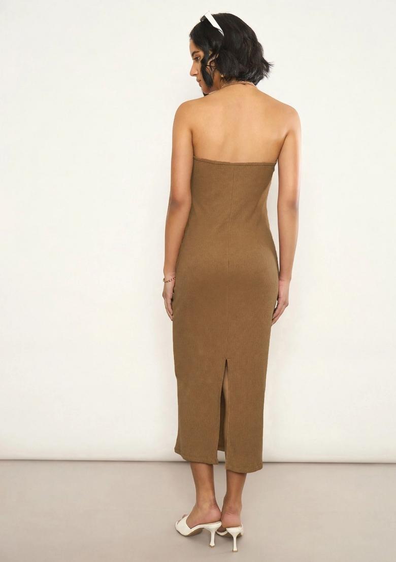 Tan Solid Cotton Dress - Indya