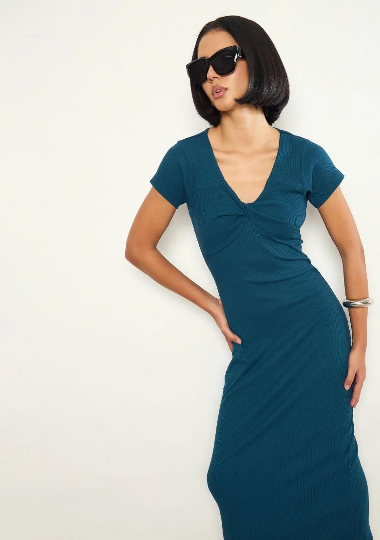 Teal Solid Cotton Dress - Indya