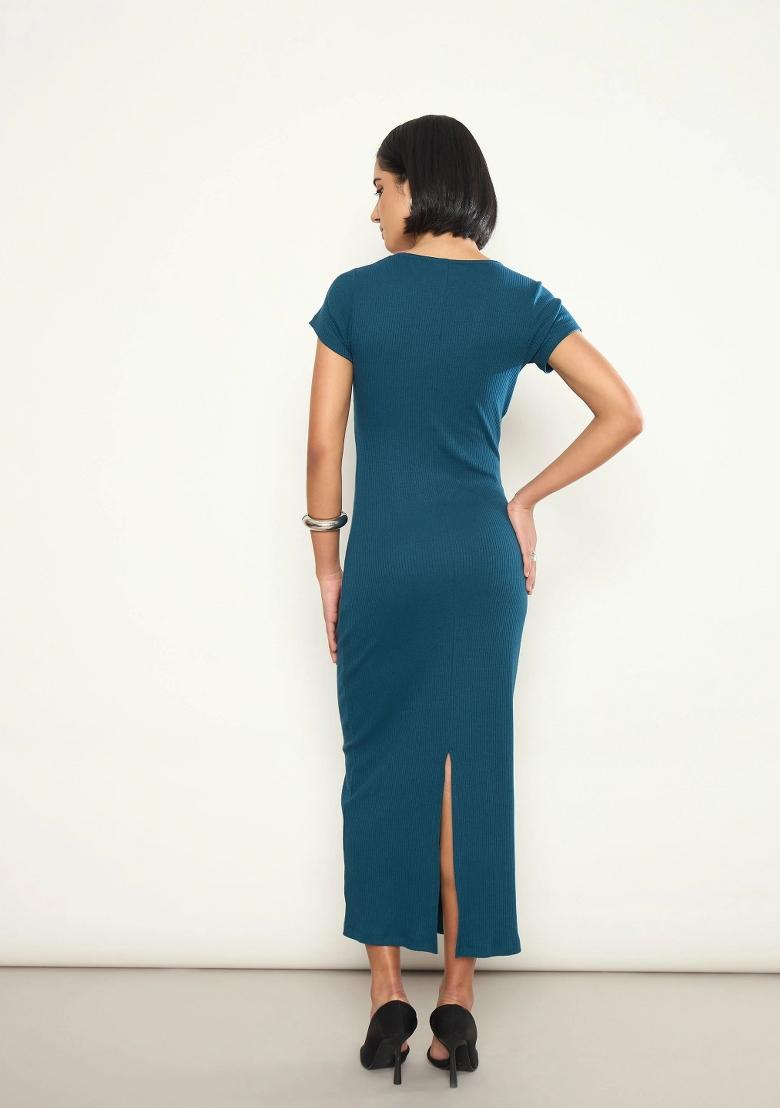 Teal Solid Cotton Dress - Indya