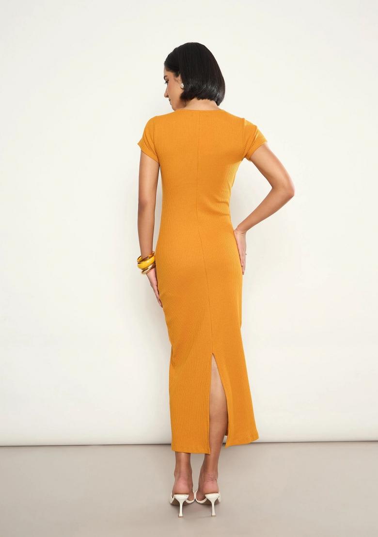 Mustard Solid Cotton Dress - Indya