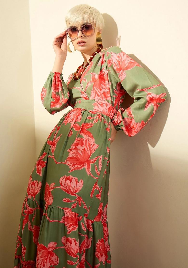Olive Printed Polyester Dress - Indya