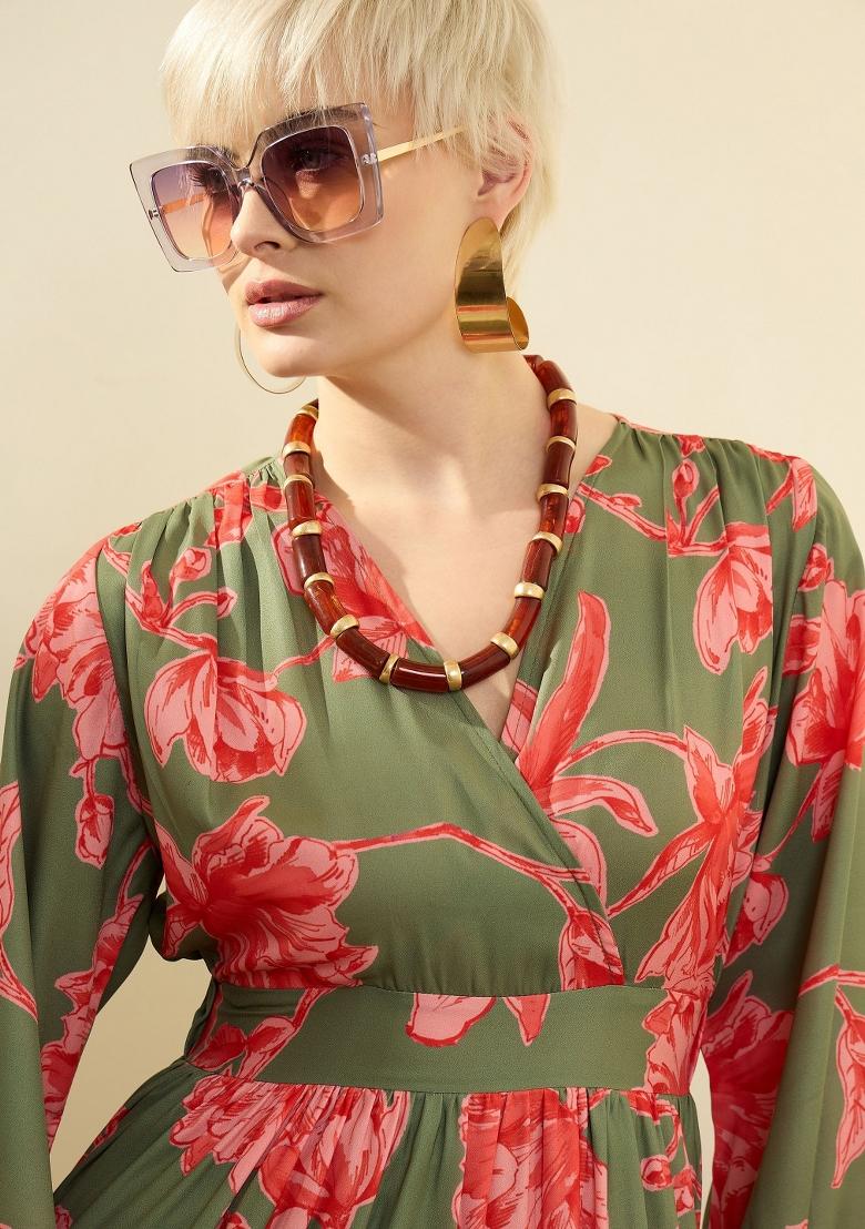 Olive Printed Polyester Dress - Indya