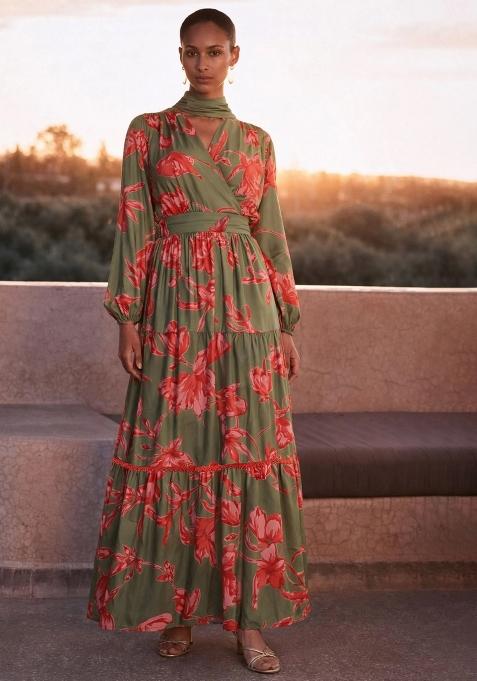 Olive Printed Polyester Dress