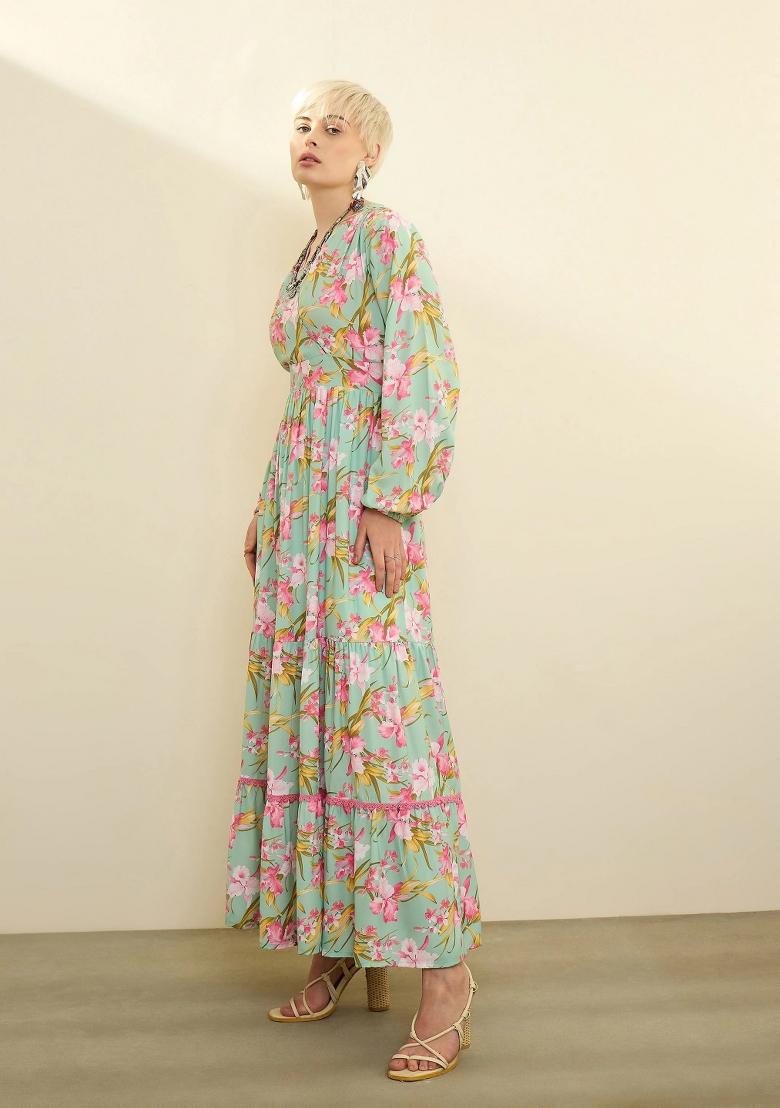 Sea Green Printed Polyester Dress - Indya