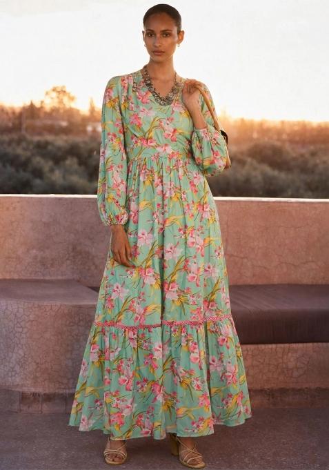 Sea Green Printed Polyester Dress