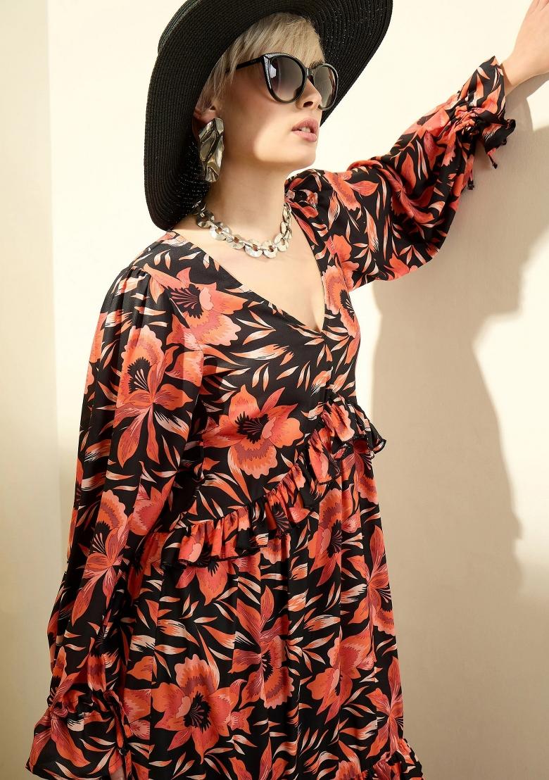 Black Printed Polyester Dress - Indya