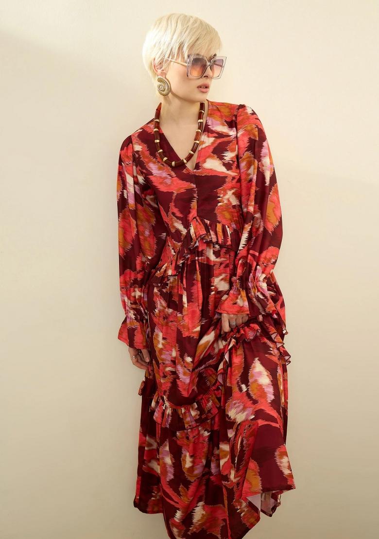 Maroon Printed Polyester Dress - Indya