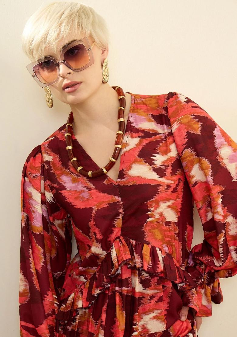 Maroon Printed Polyester Dress - Indya