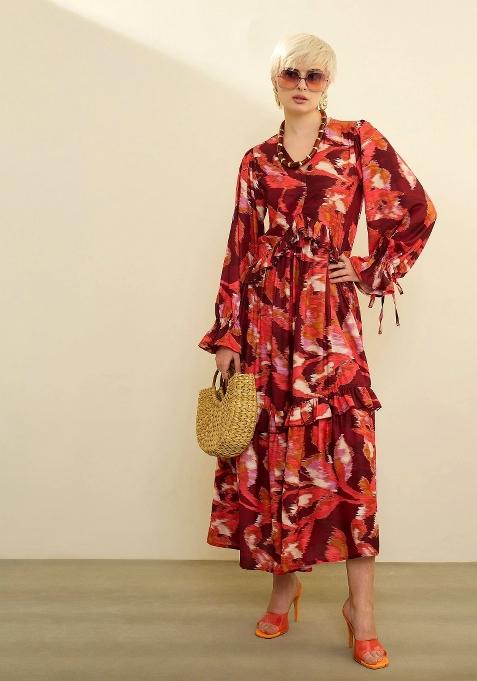 Maroon Printed Polyester Dress