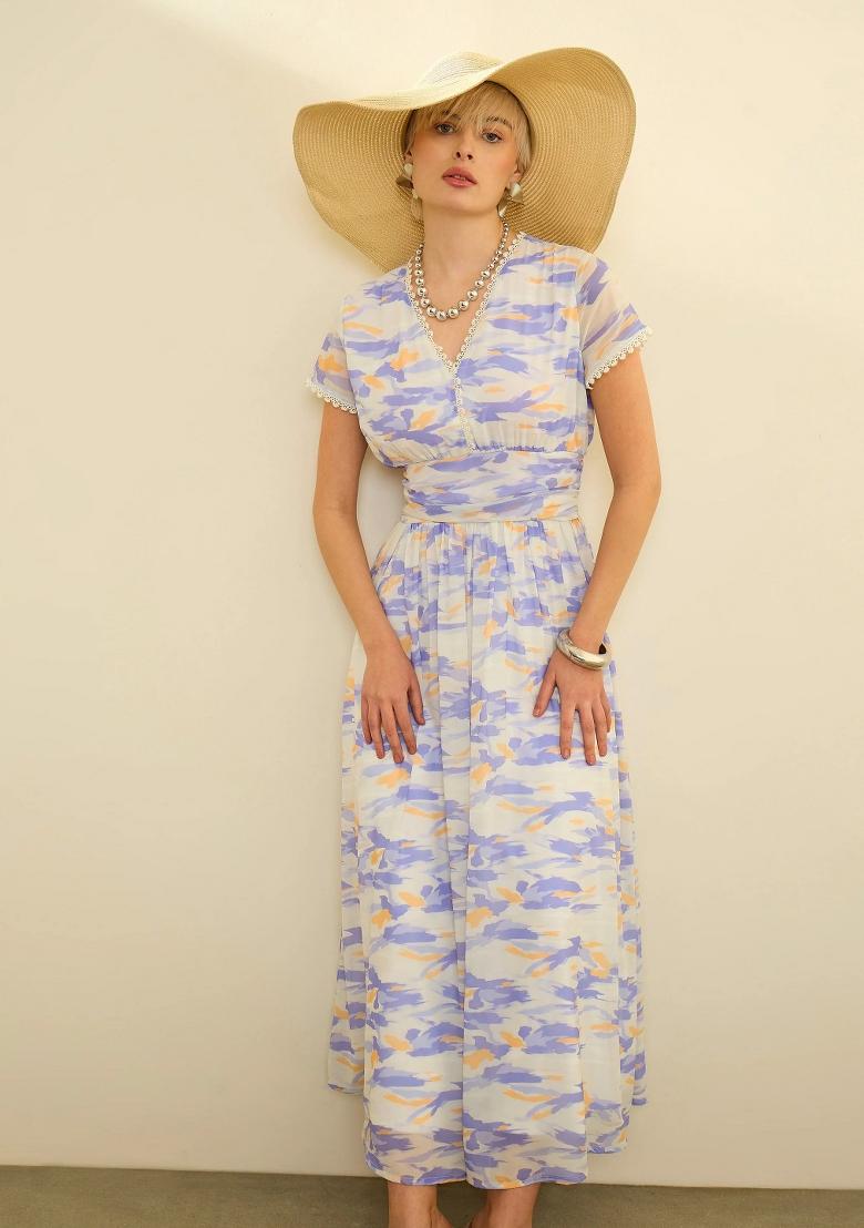 Lavender Printed Georgette Dress - Indya