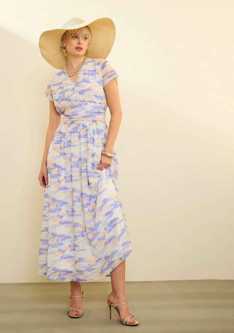 Lavender Printed Georgette Dress - Indya