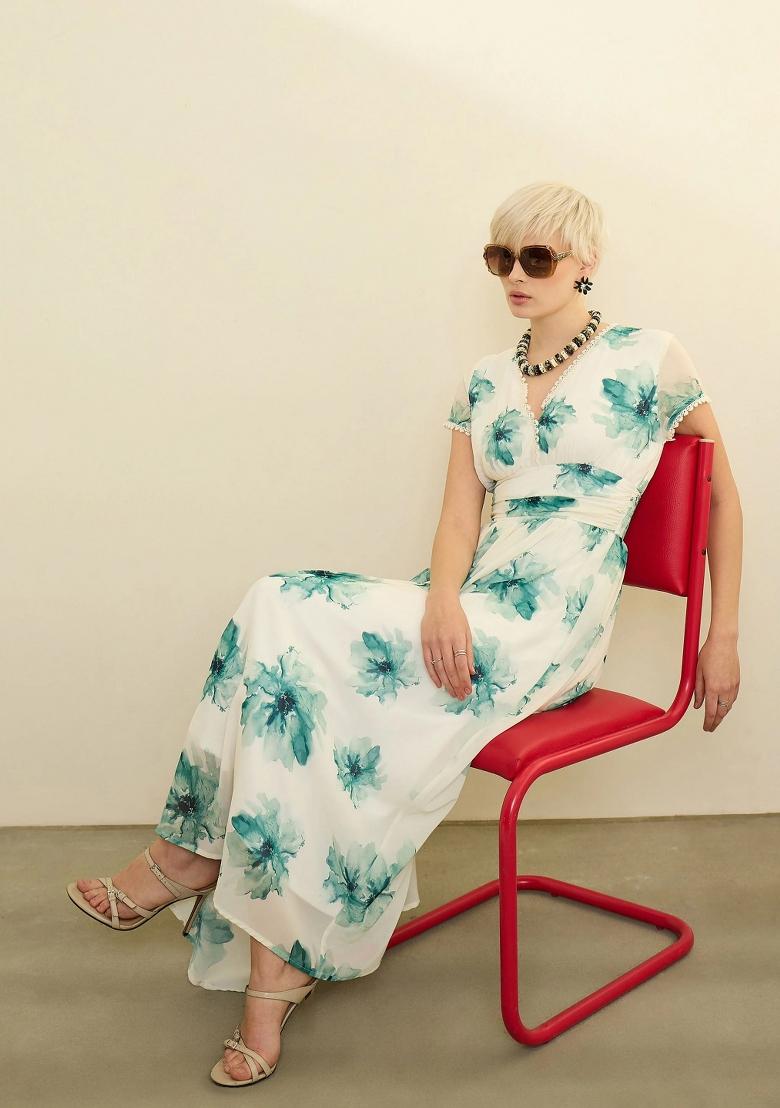 Off White Printed Georgette Dress - Indya