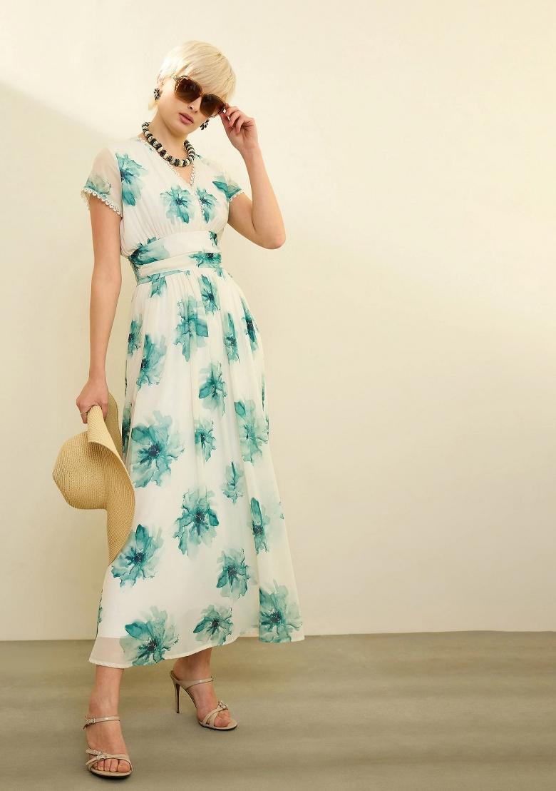 Off White Printed Georgette Dress - Indya