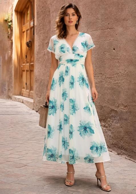 Off White Printed Georgette Dress