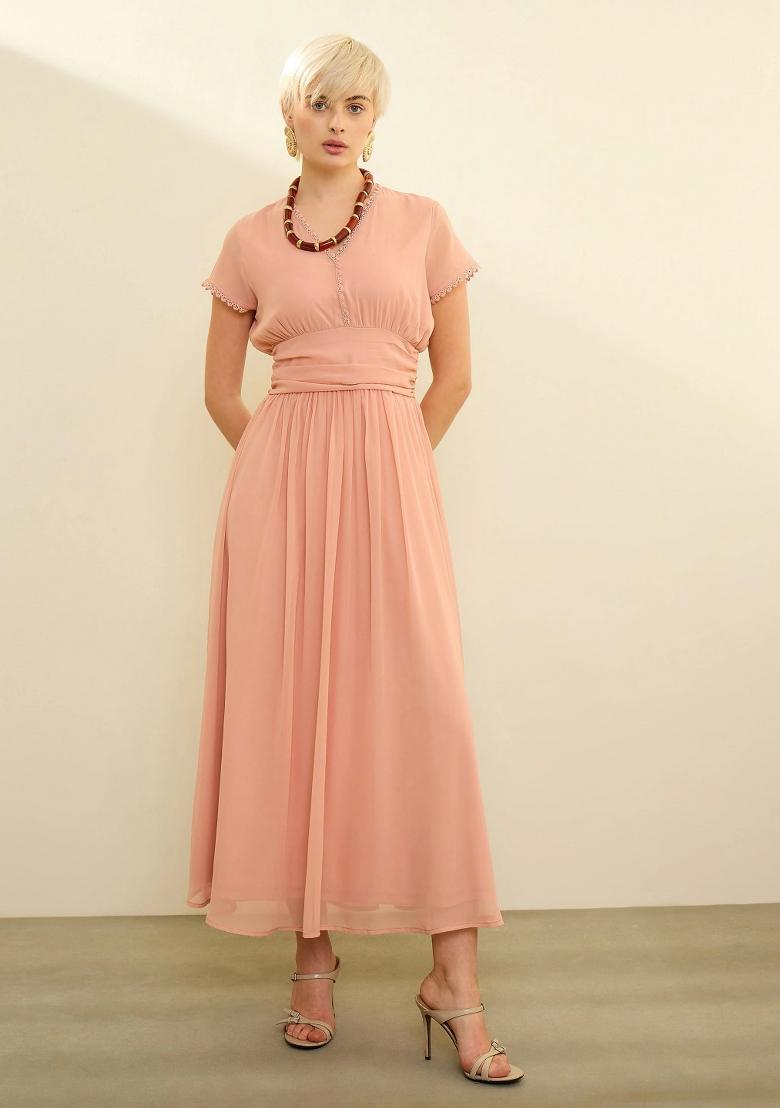 Pink Solid Georgette Dress - Indya