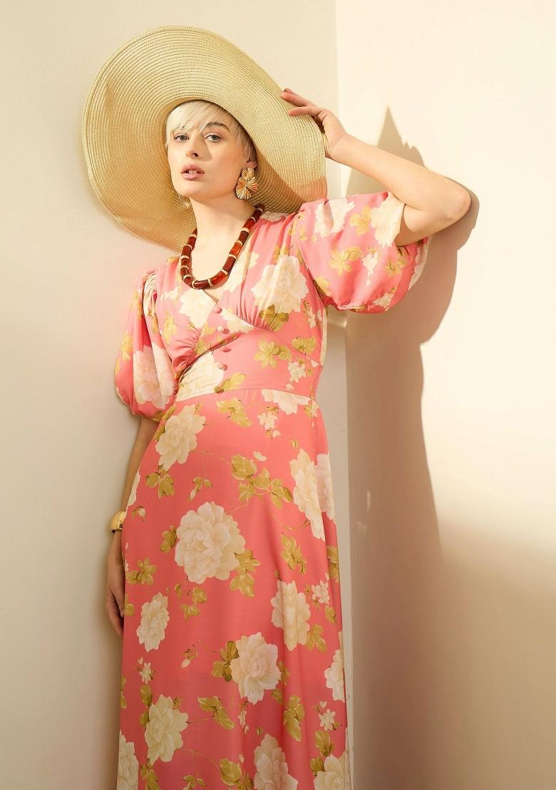 Pink Printed Polyester Dress - Indya