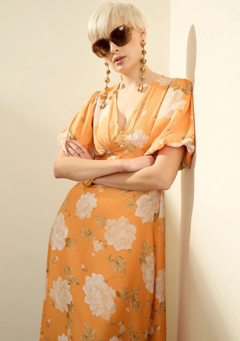 Mustard Printed Polyester Dress - Indya