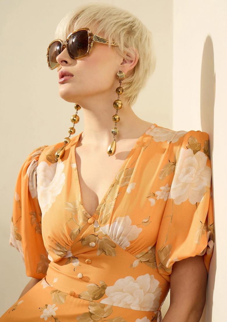 Mustard Printed Polyester Dress - Indya