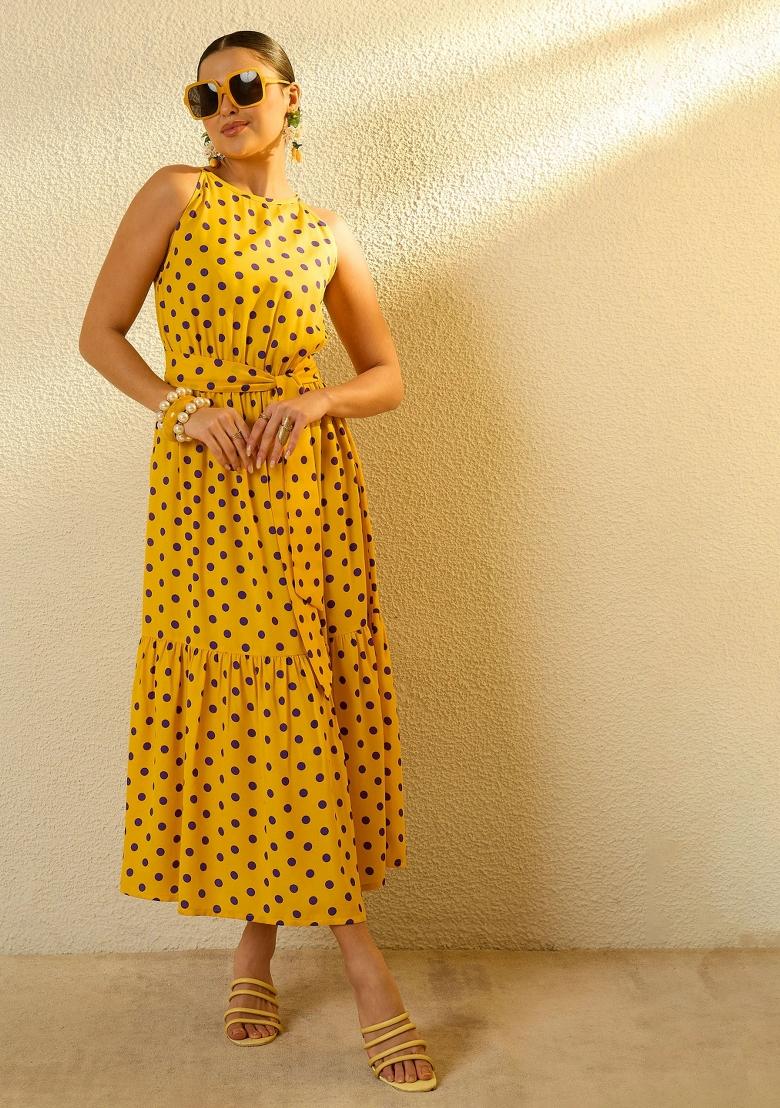 Yellow Printed Polyester Dress - Indya