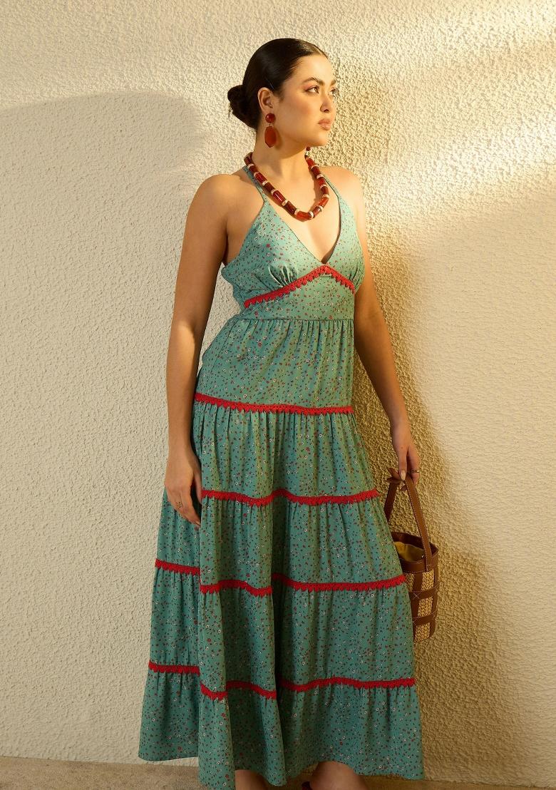 Turquoise Printed Polyester Dress - Indya