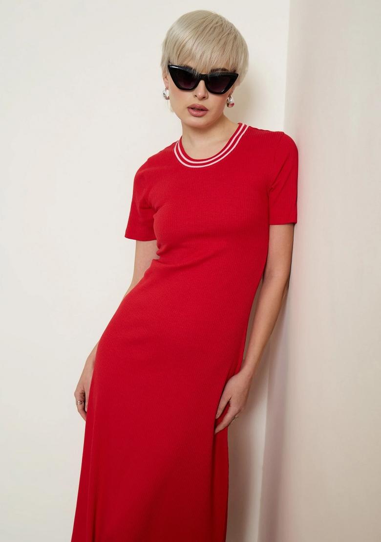 Red Solid Cotton Dress - Indya
