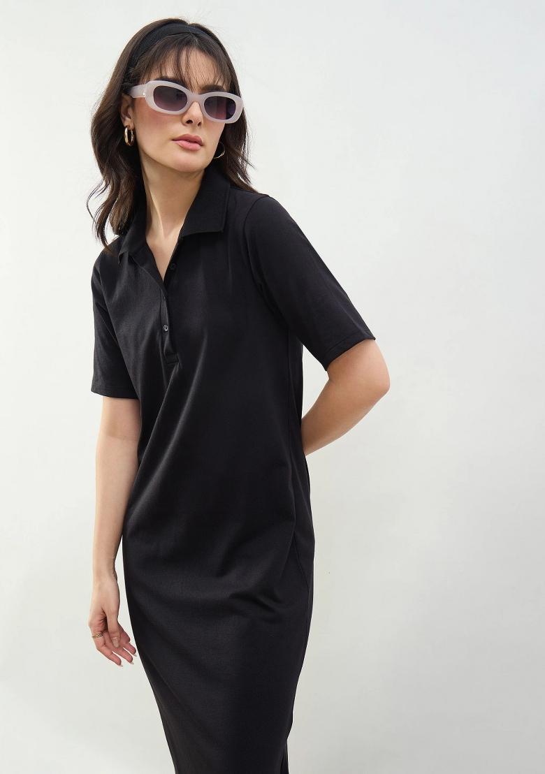 Black Solid Cotton Dress - Indya