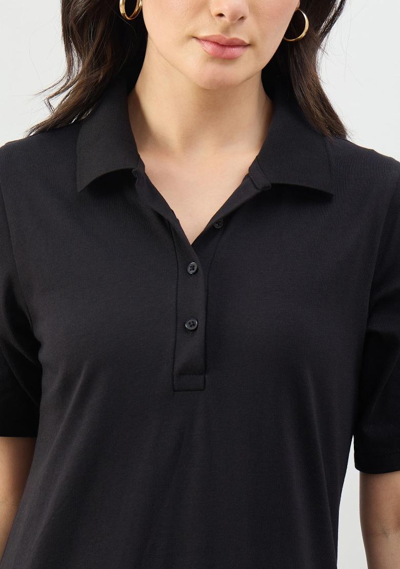 Black Solid Cotton Dress - Indya