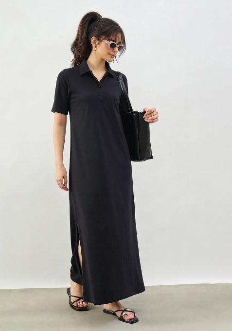 Black Solid Cotton Dress