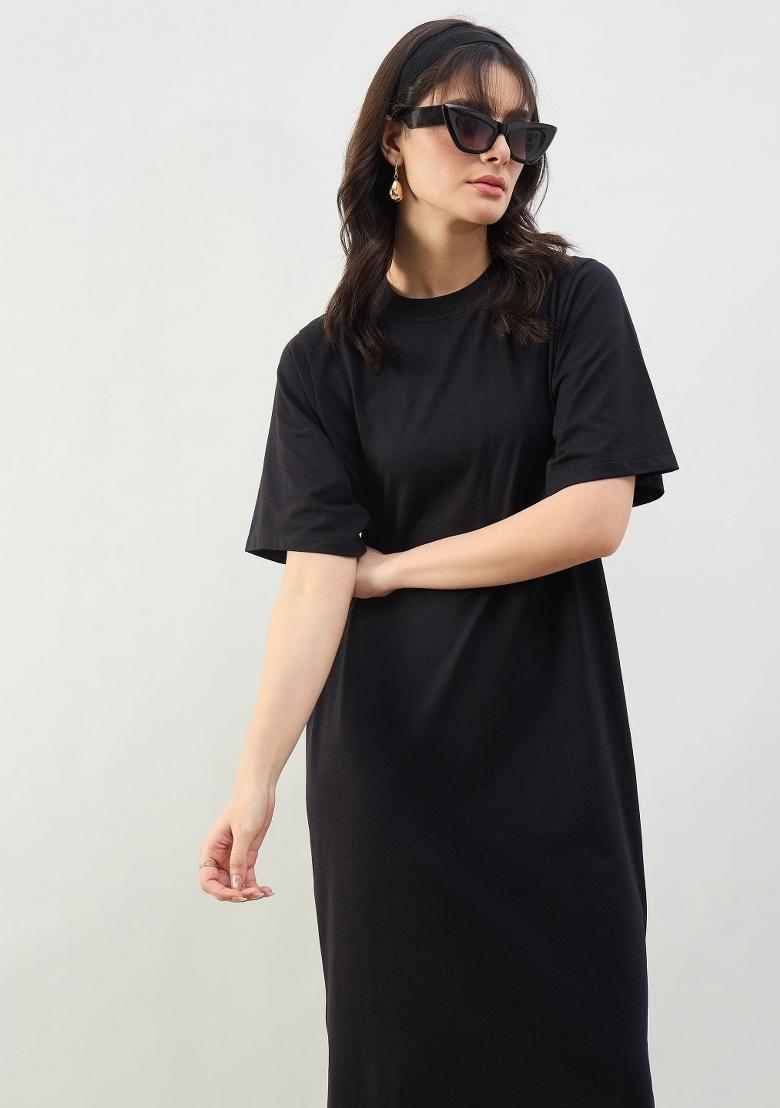 Black Solid Cotton Dress - Indya