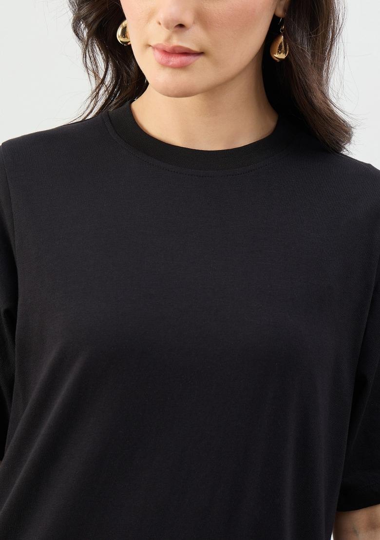 Black Solid Cotton Dress - Indya