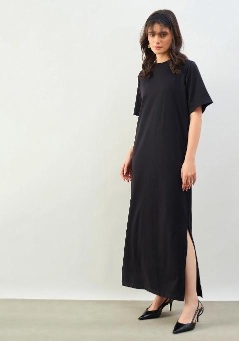 Black Solid Cotton Dress
