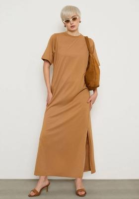Tan Solid Cotton Dress