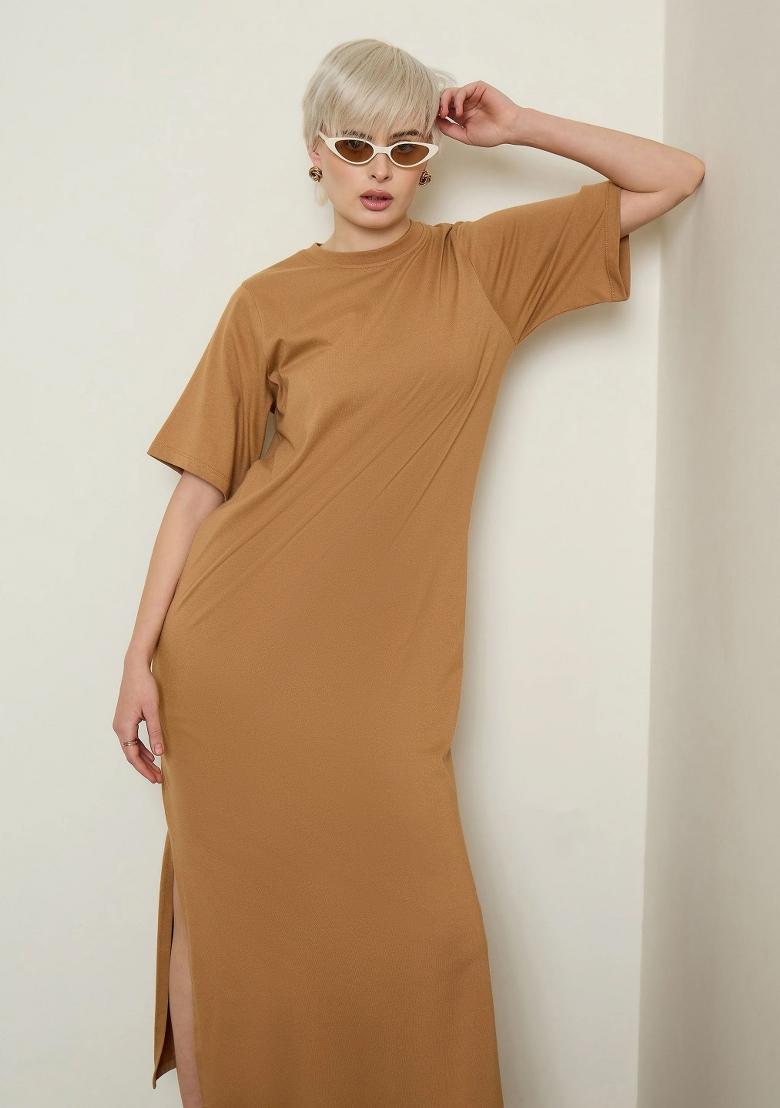 Tan Solid Cotton Dress - Indya