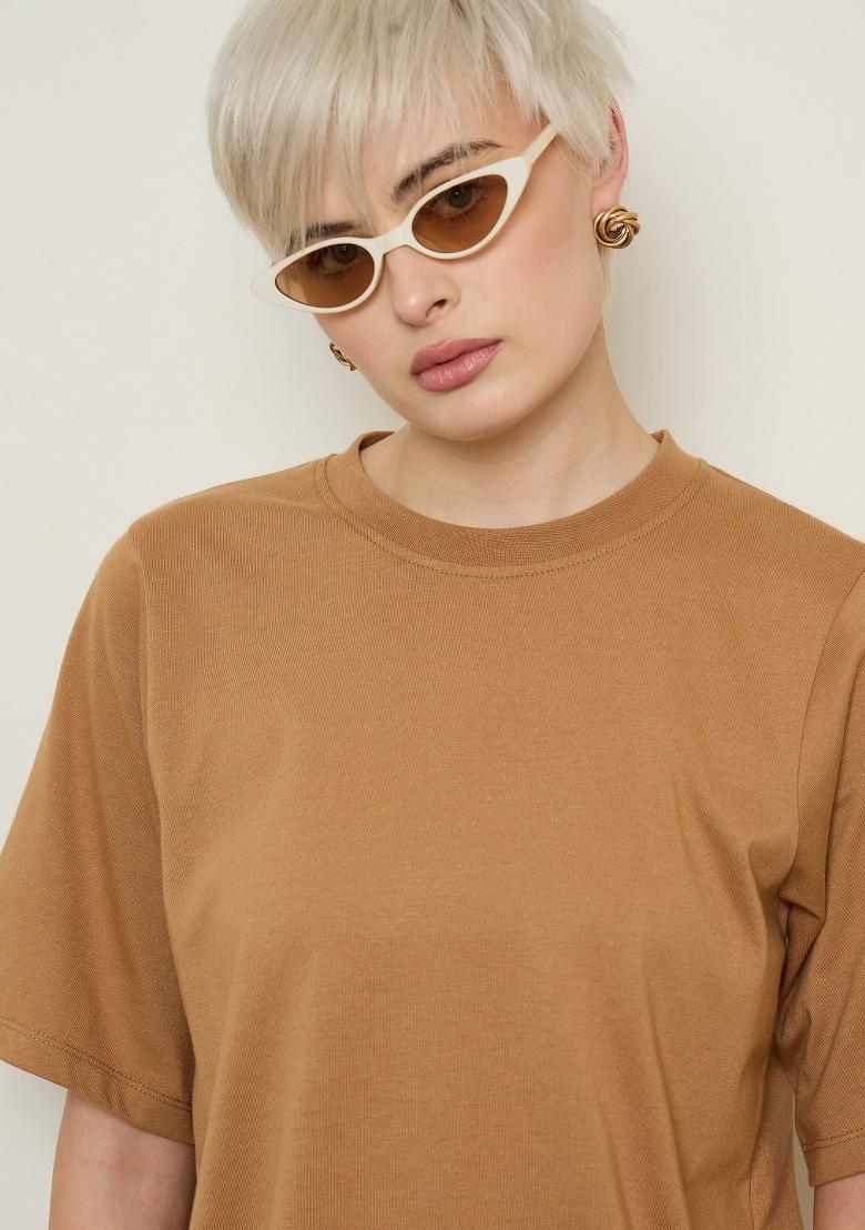 Tan Solid Cotton Dress - Indya