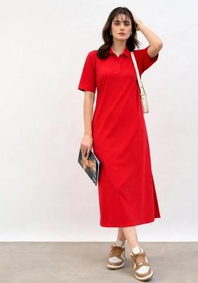 Red Solid Cotton Dress