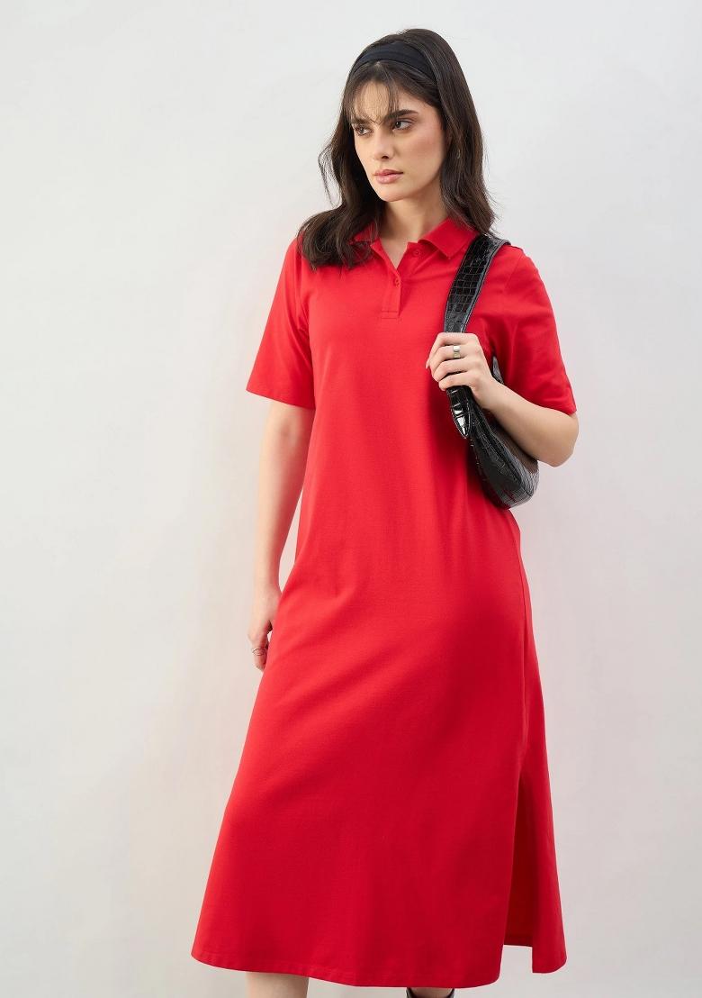 Red Solid Cotton Dress - Indya