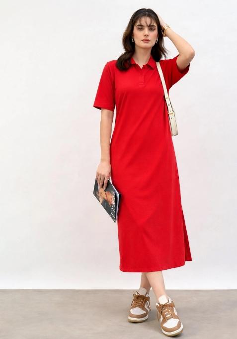 Red Solid Cotton Dress