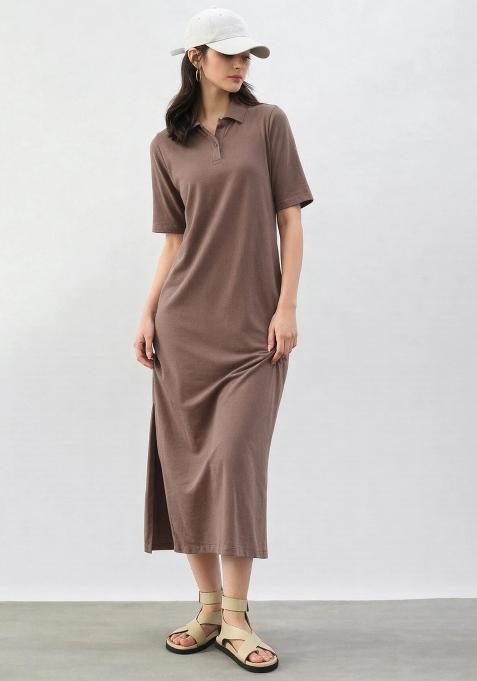 Taupe Solid Cotton Dress