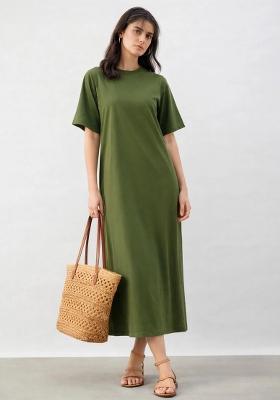 Olive Solid Cotton Dress