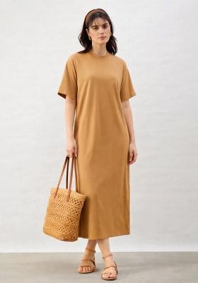 Tan Solid Cotton Dress