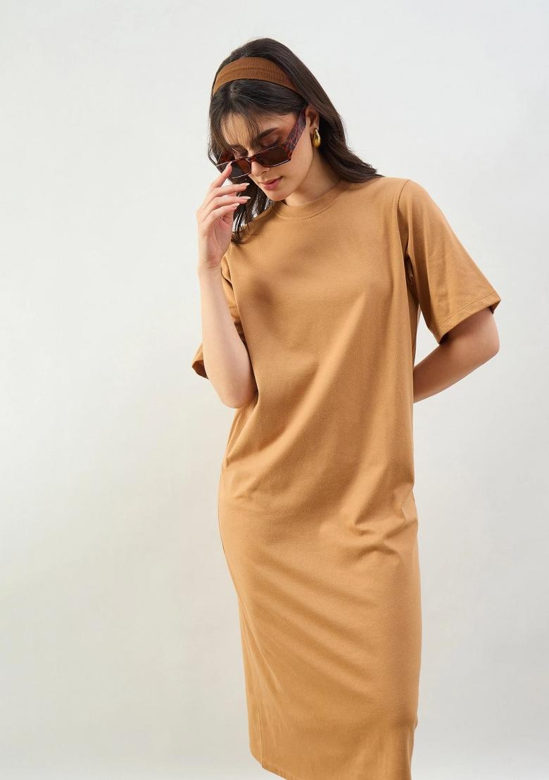 Tan Solid Cotton Dress - Indya