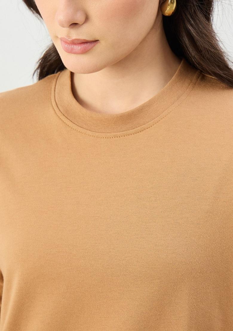 Tan Solid Cotton Dress - Indya