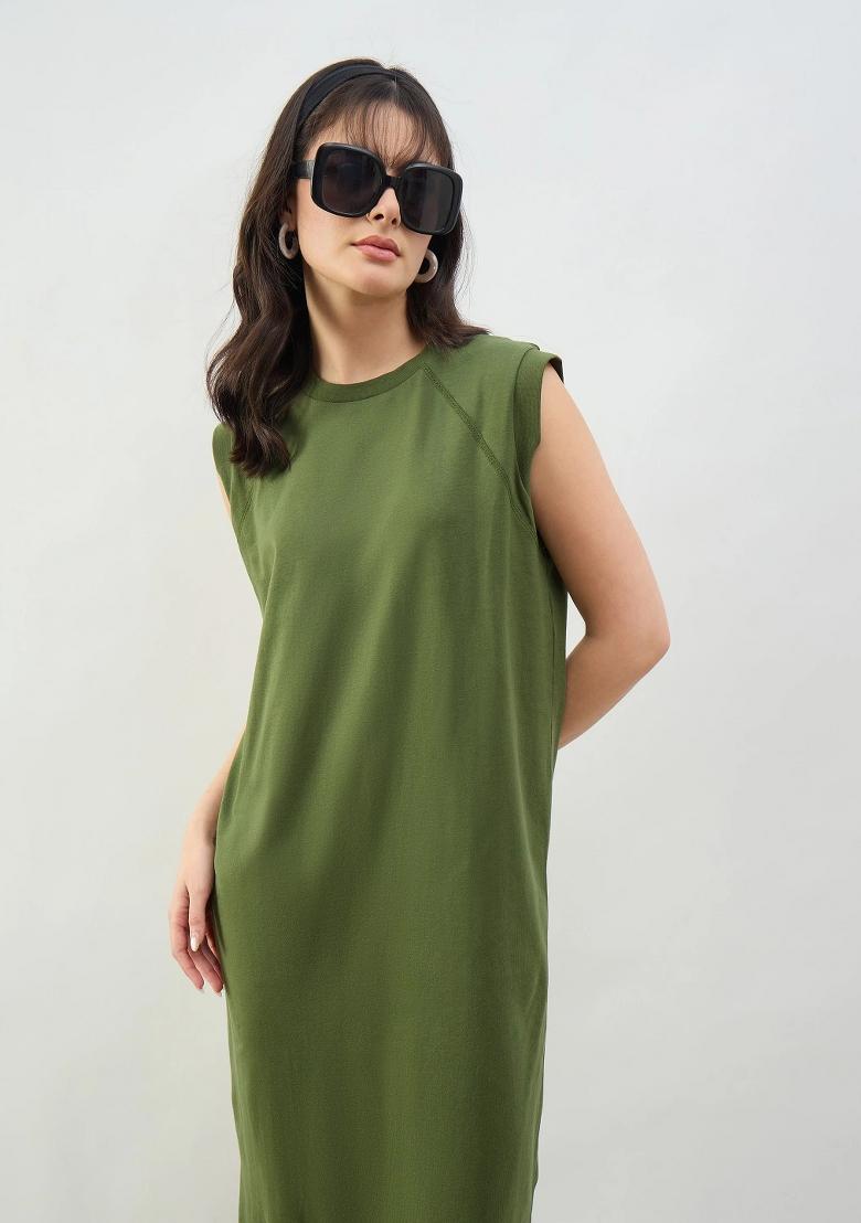 Olive Solid Cotton Dress - Indya