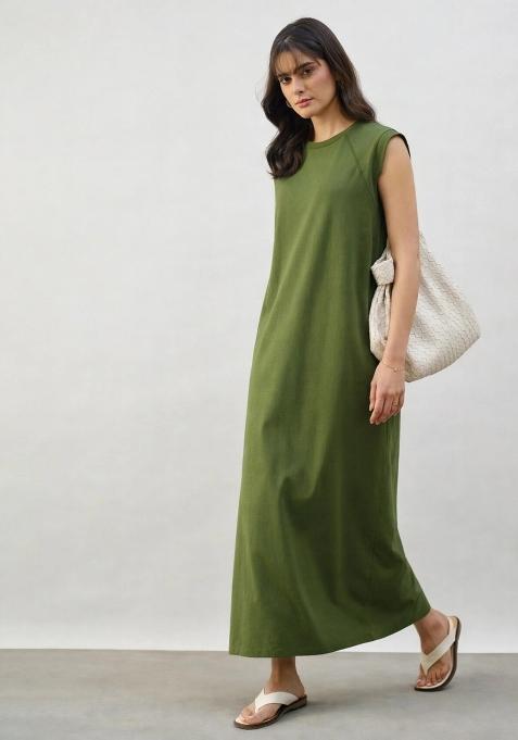 Olive Solid Cotton Dress