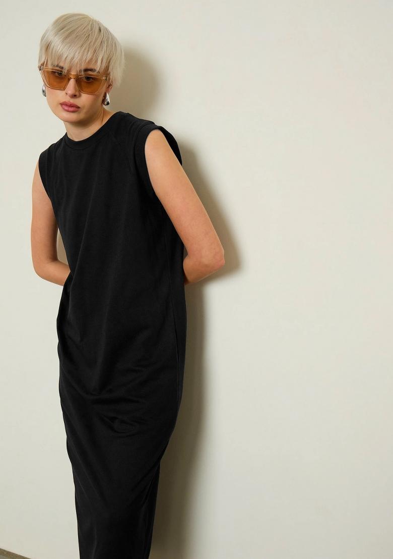 Black Solid Cotton Dress - Indya
