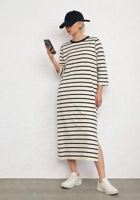Beige Striped Cotton Dress