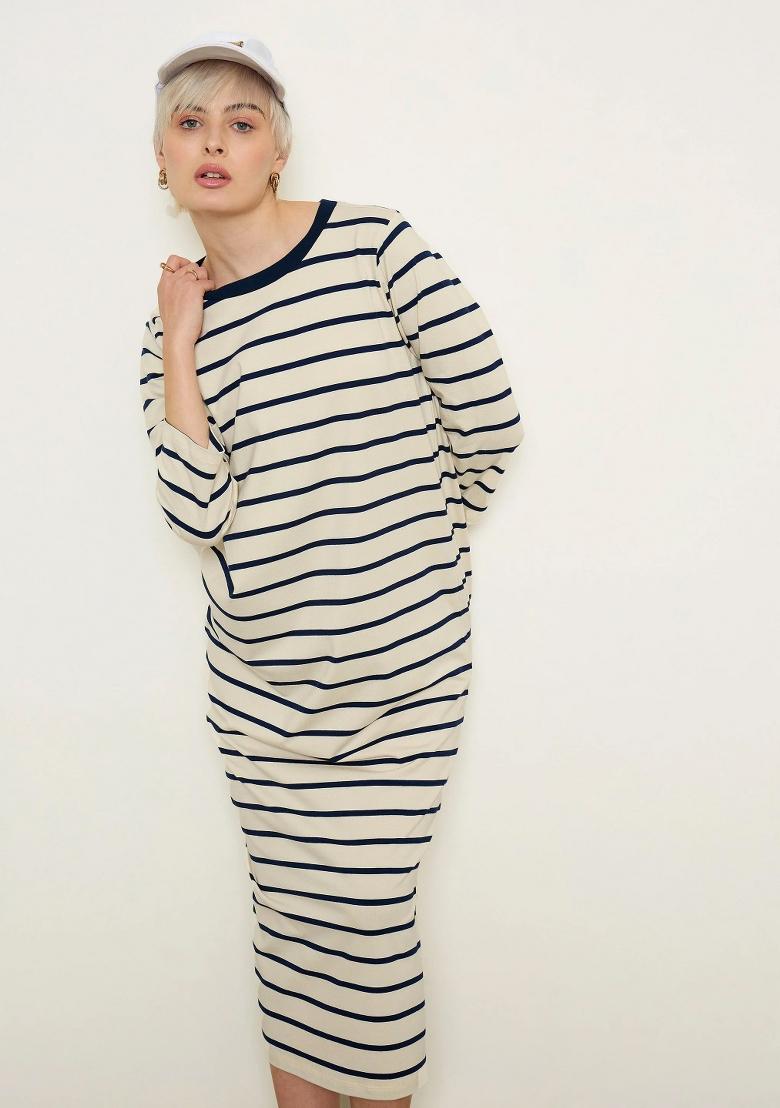Beige Striped Cotton Dress - Indya