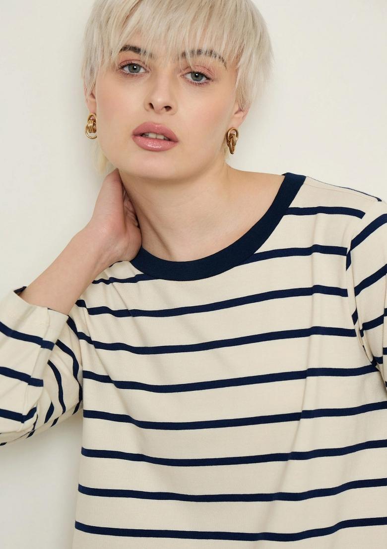 Beige Striped Cotton Dress - Indya